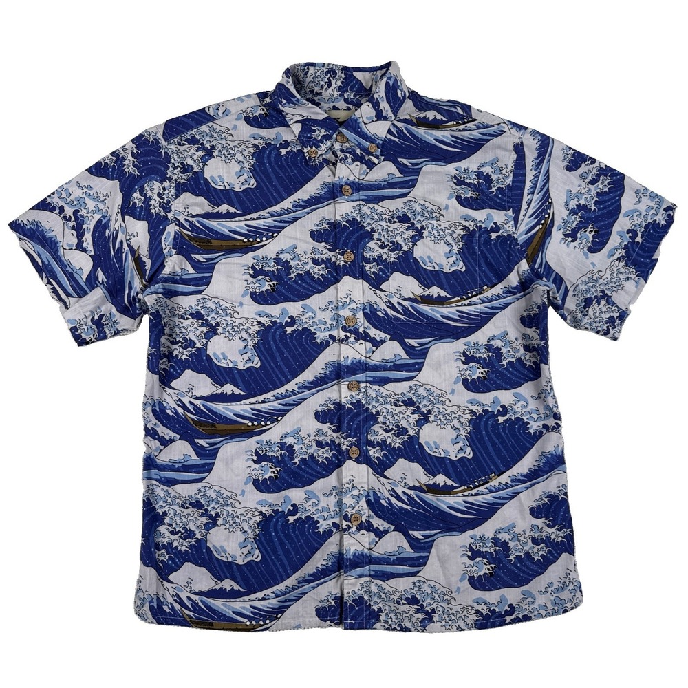Yiume Great Wave Button Down Short Sleeve Shirt Men's Small Japanese Ukiyo-e
